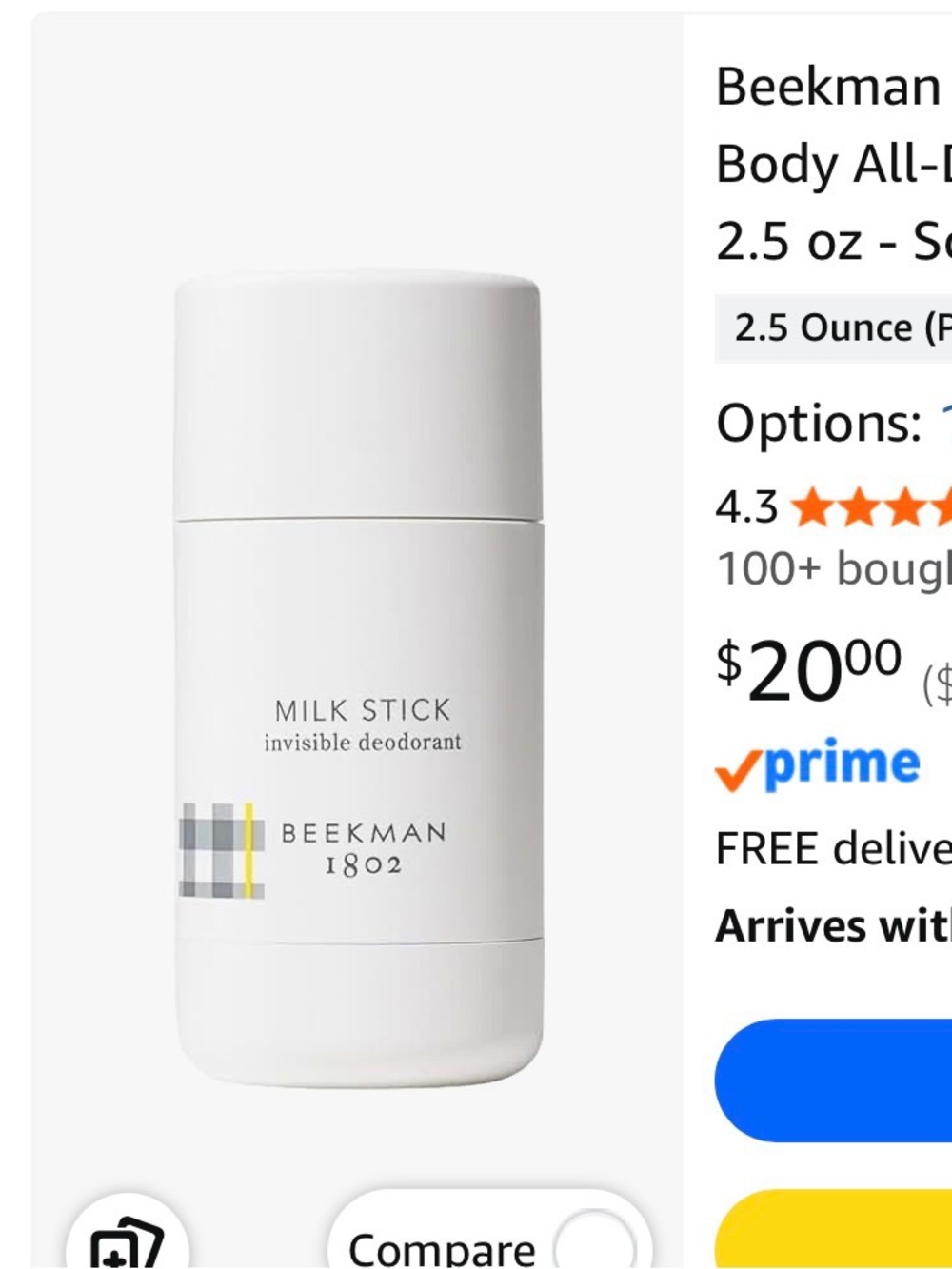 Beekman 1802 Milk Stick Invisible Deodorant - MSRP $20